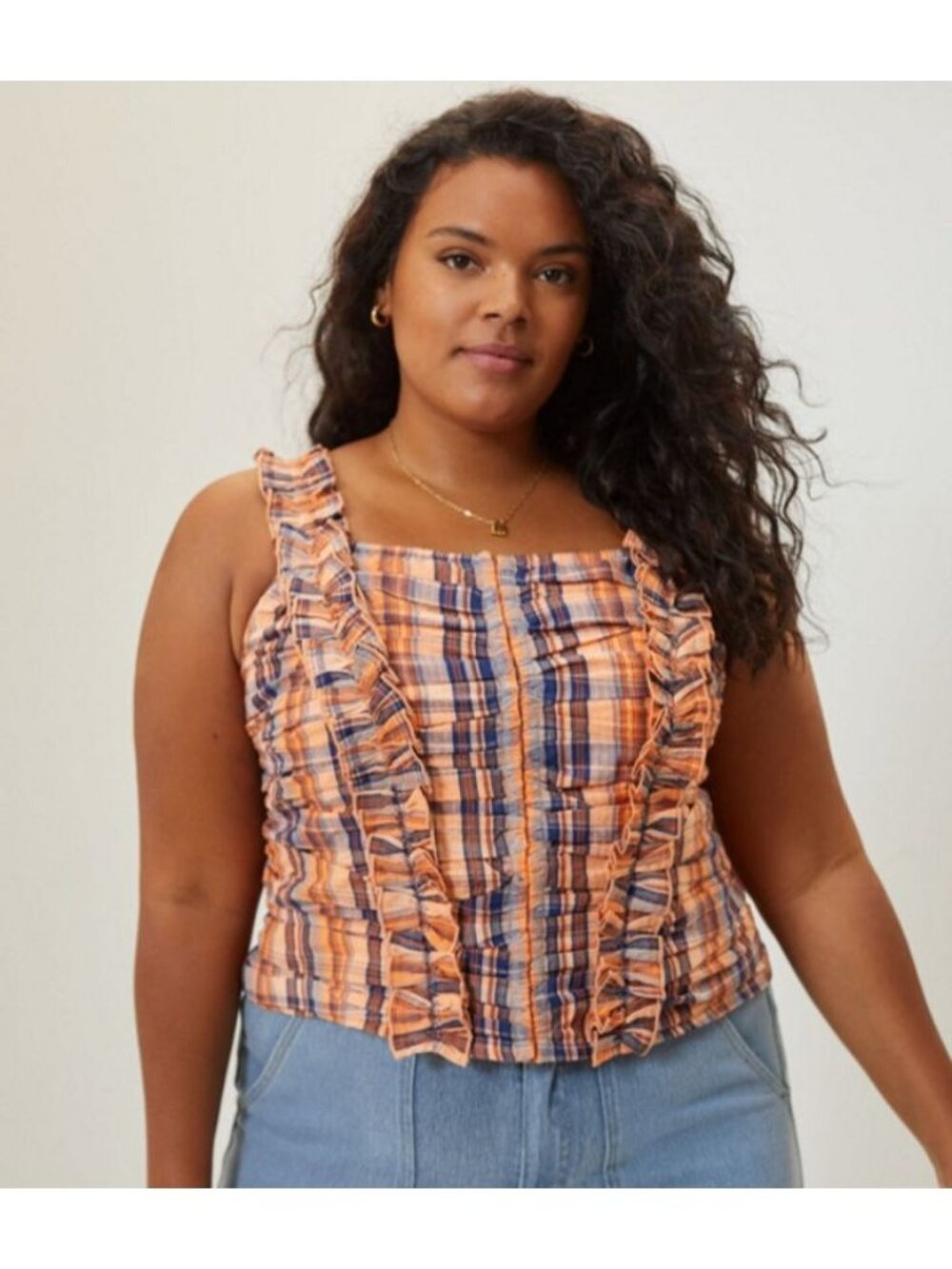 Anthropologie Verb Ruffled Plaid Top 2X Orange Navy Smocked Cotton Blouse
